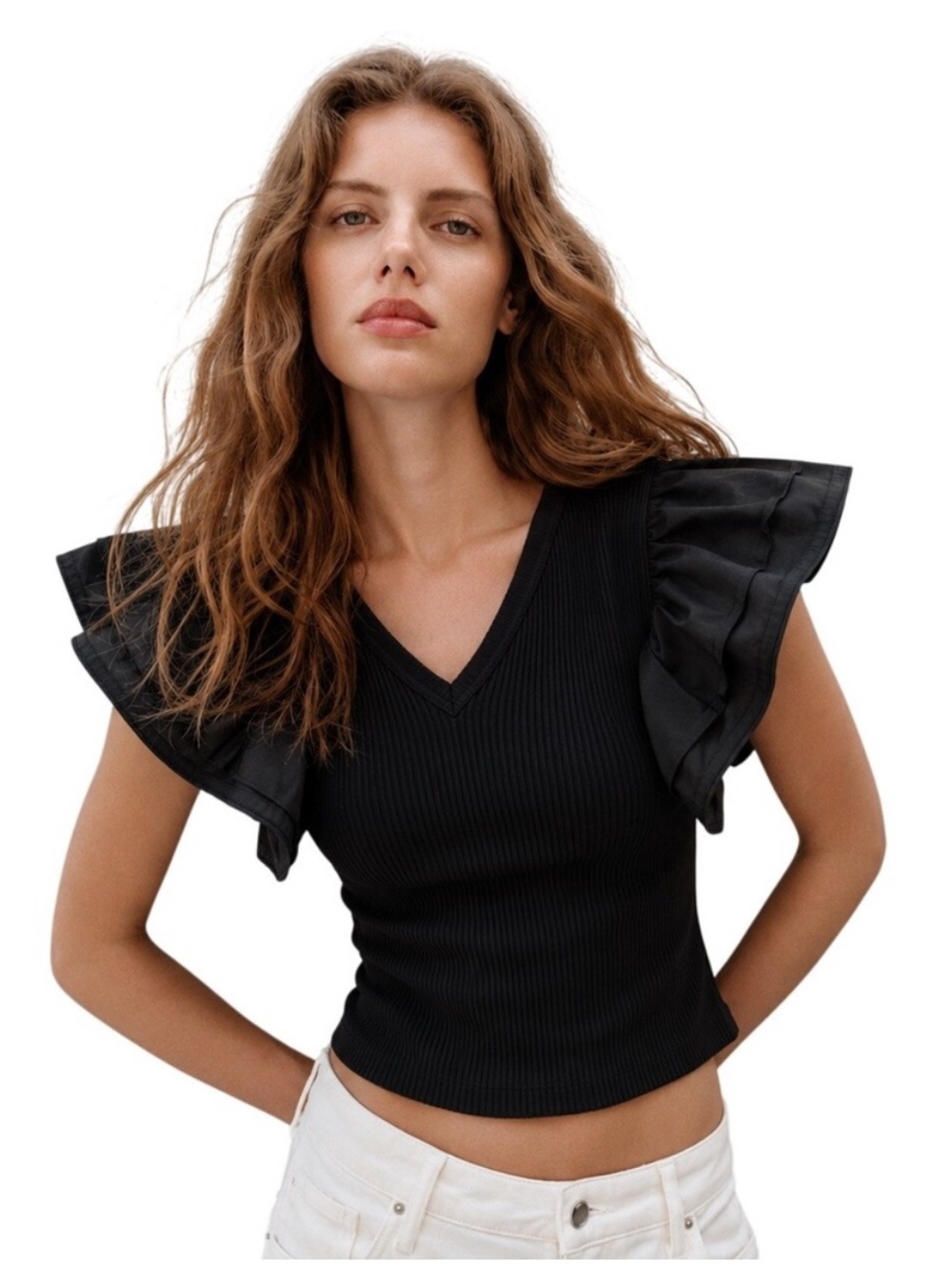 Zara Women's Ribbed V Neck Mixed Media Flutter Sleeve Top Black Size M